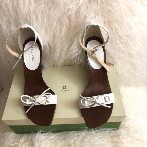kate spade Shoes - Kate Spade Firey White leather & wood wedge heels
